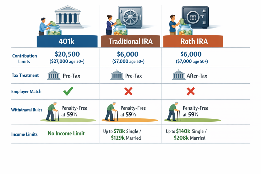 401k, Traditional IRA, and Roth IRA
